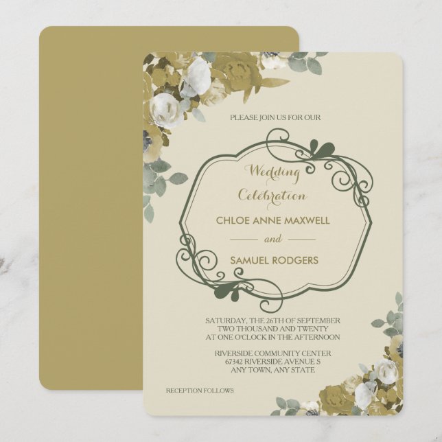 Rosas del otoño en la invitación a la boda de oro  (Anverso / Reverso)