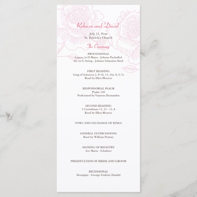 Rosas dibujados a mano programa de boda rosa (Anverso)