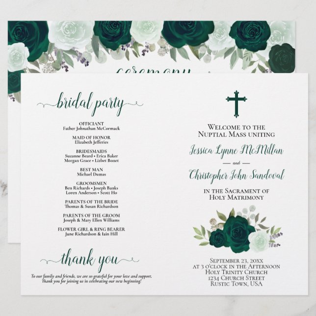 Rosas Esmeralda Programa de Boda Católico Plegable (Anverso / Reverso)