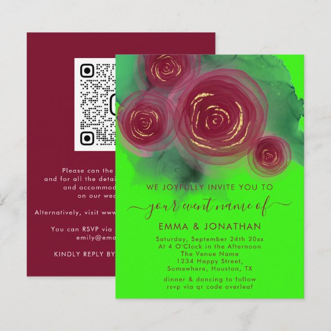 Rosas Floral Código QR Brillante Verde Marsala (Anverso / Reverso)