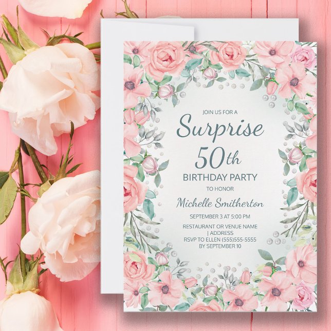 Rosas florales de acuarela rosa perlas Cumpleaños  (Blush pink floral surprise 50th birthday party invitation customized with your text.)