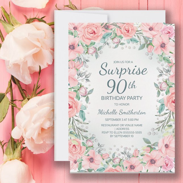 Rosas florales de acuarela rosa Perlas Cumpleaños  (Pink floral surprise 90th birthday party invitation customized with your text.)