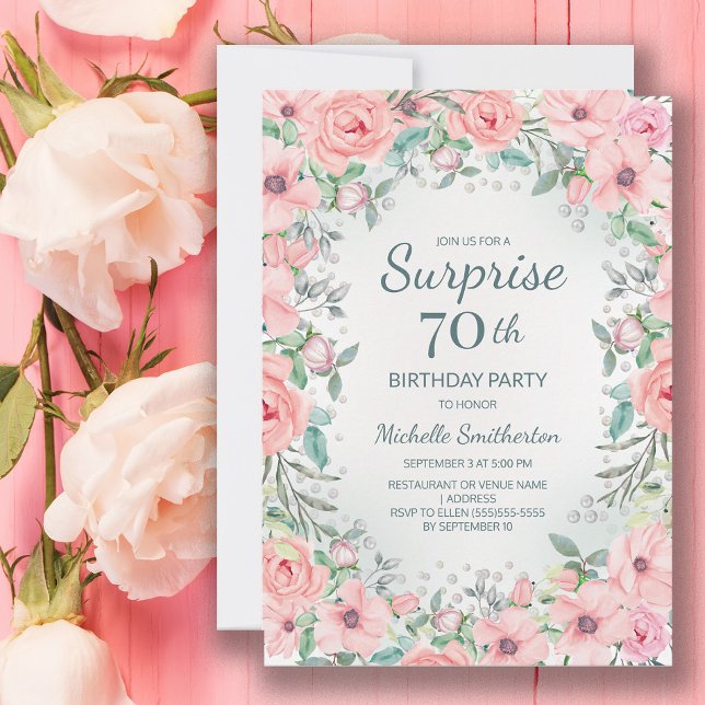 Rosas florales de acuarela rosa Perlas Cumpleaños  (Blush pink floral surprise 70th birthday party invitation customized with your text.)