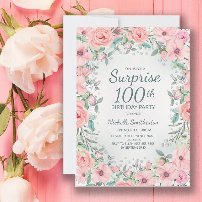 Rosas florales de acuarela rosa Perlas Cumpleaños  (Pink floral Surprise 100th birthday invitation)