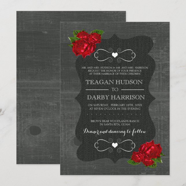 Rosas florales rojos Invitación a una boda gótica  (Anverso / Reverso)