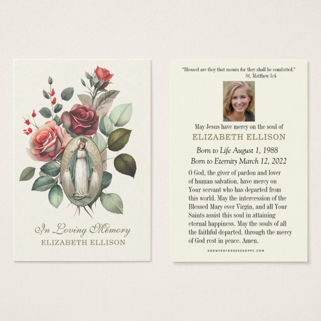 Rosas florales Virgin Mary Oración Funeral (Anverso y reverso)