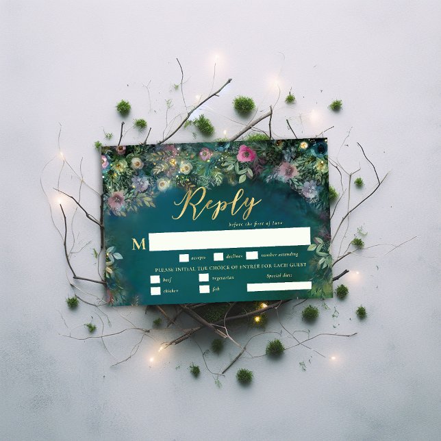 Rosas forestales encantados Arch Meal Wedding RSVP (enchanted forest rsvp reply meal choice magical fairy tale woodland roses gold emerald green)