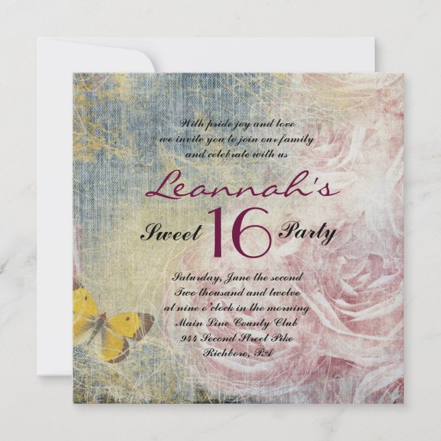 ROSAS JEANOS Y MARIPOSAS Dulce 16 Invitación (Anverso)