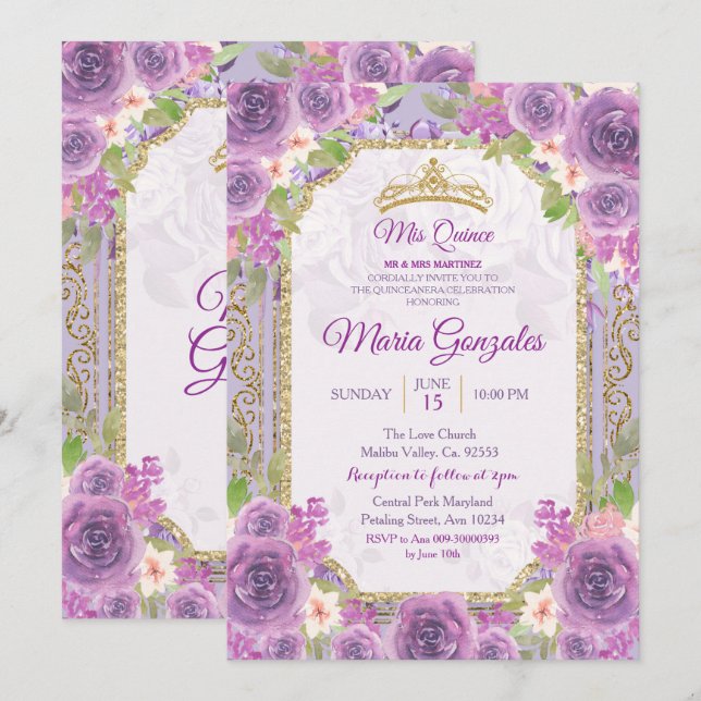 Rosas Lilac México 15ª invitación de cumpleaños 1 (Anverso / Reverso)