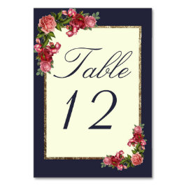 Rosas marfil azul y números de mesa de oro de la m