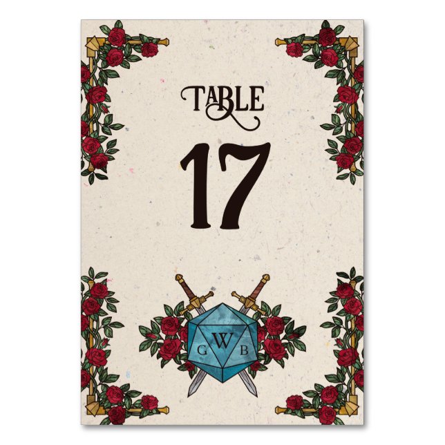 Rosas Monograma D20 Bodas RPG Número de Mesa (Anverso)