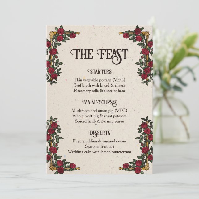 Rosas Monograma D20 Menú de Boda Feast RPG (Anverso de pie)