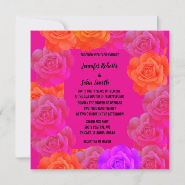 Rosas Naranja rosa Morado Floral QR Boda de código (Anverso)