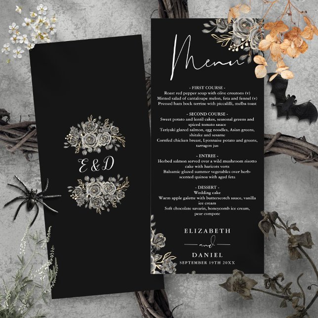 Rosas Negras Y Blancas Menú De Comida Floral Gótic (Black And White Roses Floral Gothic Wedding Dinner Menu)