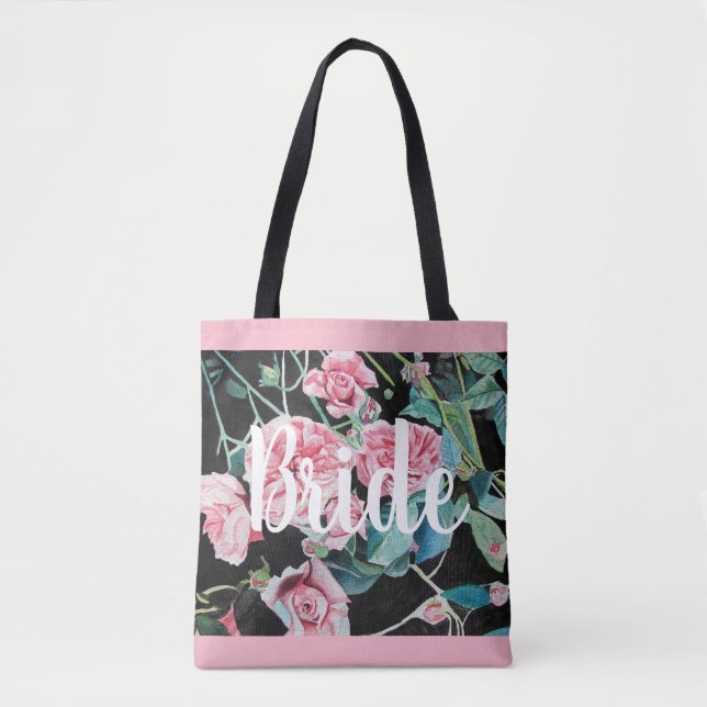 Rosas negros rosados Boda floral  novia tote bolsa (Anverso)