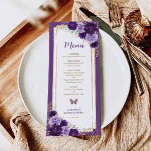Rosas Purple Gold Tarjeta de menú de cumpleaños Qu