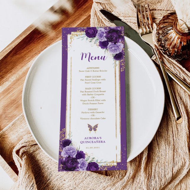 Rosas Purple Gold Tarjeta de menú de cumpleaños Qu (Subido por el creador)