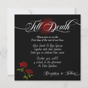 Rosas rojas góticas e invitaciones a la boda negra