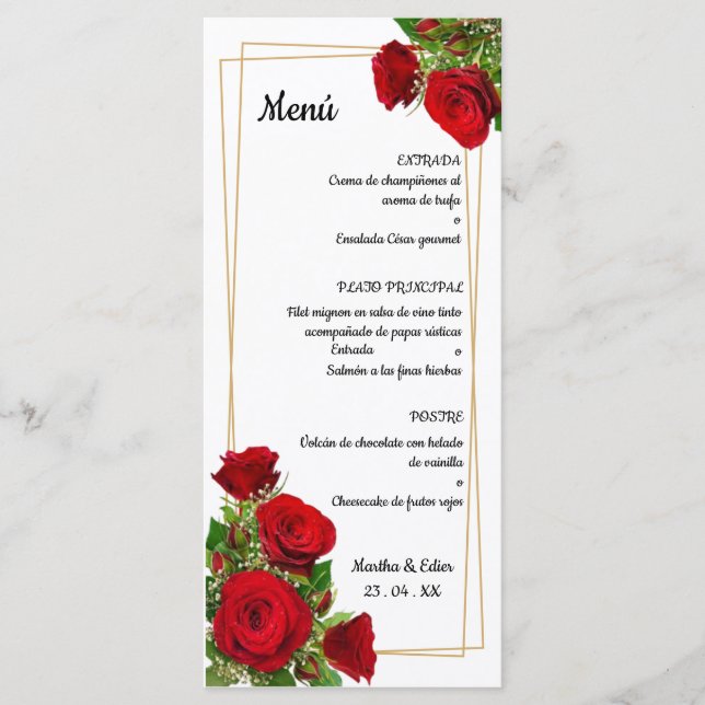 Rosas Rojas Menú Original de Boda Español (Anverso)