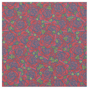 Rosas rojas románticas en tela de patrón azul