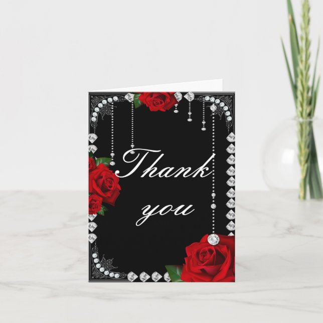 Rosas Rojas Románticas Y Diamantes Gracias Tarjeta (Anverso)