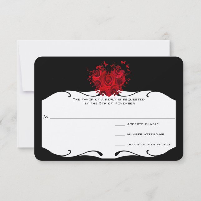 Rosas Rojas y Mariposas Corazón en Negro RSVP (Reverso)