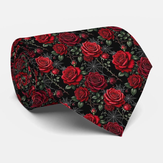 Rosas Rojas y Telarañas | Corbata de Cuello Gótico (Enrollado)