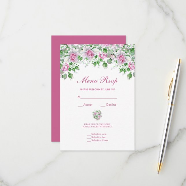 Rosas Románticas Rosadas Menú de Boda RSVP (Anverso/Reverso In Situ)