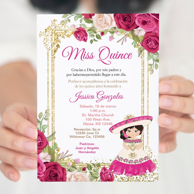 Rosas rosadas de Quinceañera Invitación mexicana d (Subido por el creador)