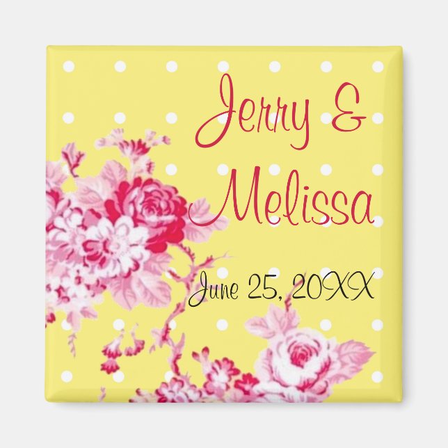 Rosas Rosadas En El Imán Favor De La Boda Amarilla (Frente)