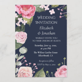 Rosas rosadas en invitación de boda azul personali