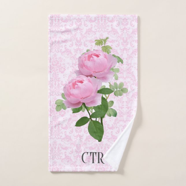 Rosas rosadas monogramo en toalla de mano floral D (Toalla de mano)