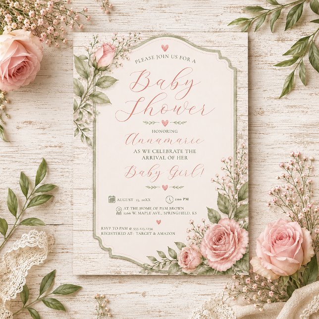 Rosas rosadas rústicas Invitación para baby shower (Subido por el creador)