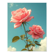 Rosas Rosadas Vintage Cielo Azul Arte Floral Botán
