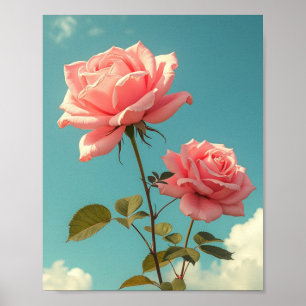 Rosas Rosadas Vintage Cielo Azul Arte Floral Botán