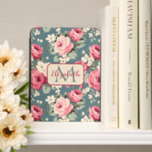 Rosas rosadas vintage sobre monograma azul profund