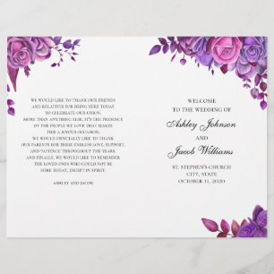 Rosas rosadas y púrpuras. Programa de boda doblado