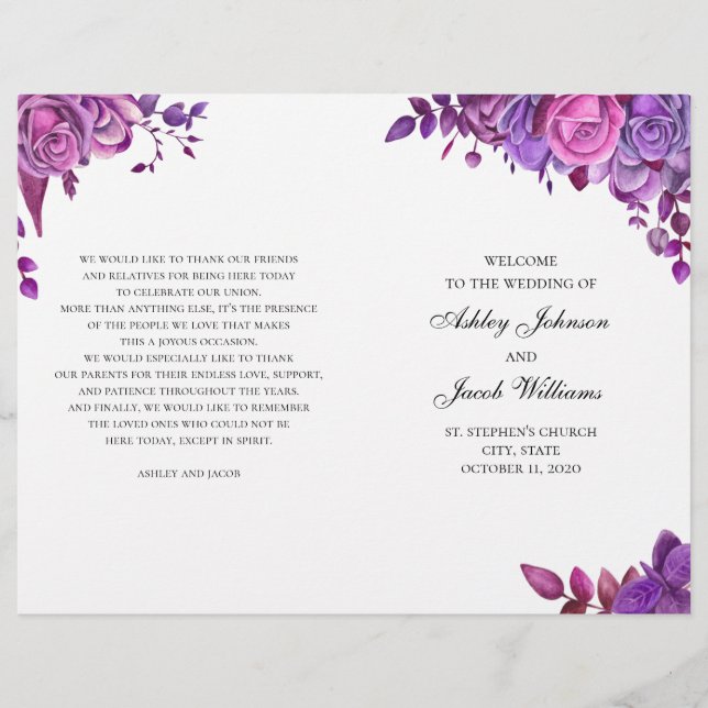 Rosas rosadas y púrpuras. Programa de boda doblado (Anverso)