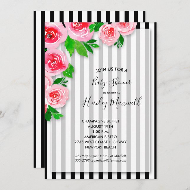 Rosas rosas rosas en tiras invitaciones a ducha pa (Anverso / Reverso)