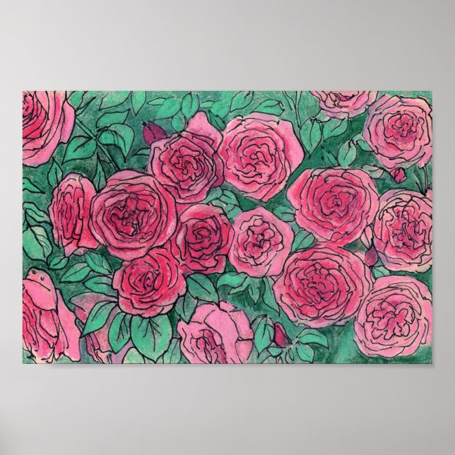 Rosas rosas rosas, flores Rosas Dibujo de arte flo (Frente)