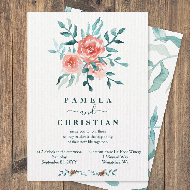Rosas rosas rosas, Invitación a la Boda de Inviern (winter light pink light eucalyptus green leaves wedding invitations floral pink bouquet watercolor)