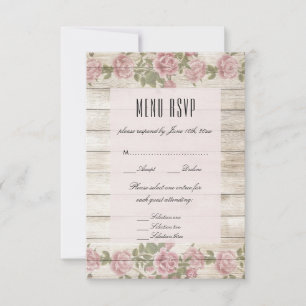 Rosas Rústicas en Menú de Boda RSVP de Madera
