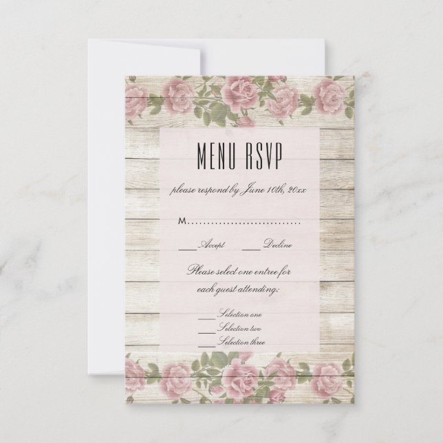 Rosas Rústicas en Menú de Boda RSVP de Madera (Anverso)