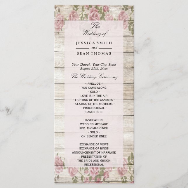 Rosas Rústicas en Programa de Boda de Madera (Anverso)