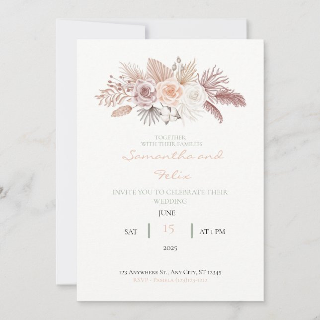 Rosas secos y hojas Invitación a la boda (Anverso)