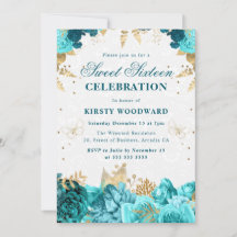 Rosas Teal y Doradas Invitación Floral Sweet Sixte