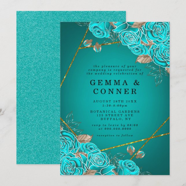 Rosas turquesa Boda geométrico de oro (Anverso / Reverso)