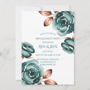 Rosas Turquesa y Hojas de Cobre Invitación de Boda