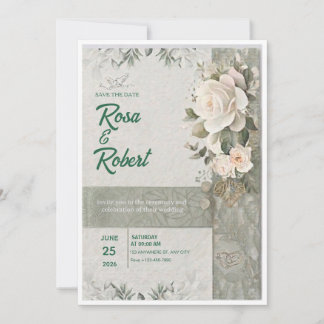 Rosas Verdes y Blancas Invitación de Boda Elegante