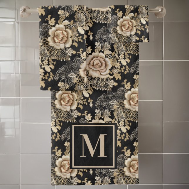 Rosas victorianos elegantes Monograma negro (Subido por el creador)